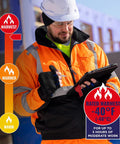 Worker wearing Hi Vis Class 3 Bomber Jacket Quilted Orange XX Large US Weatherproof Wind and Water Resistant -40°F outdoors