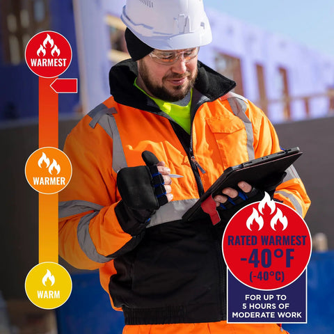 Worker wearing Hi Vis Class 3 Bomber Jacket Quilted Orange XX Large US Weatherproof Wind and Water Resistant -40°F outdoors