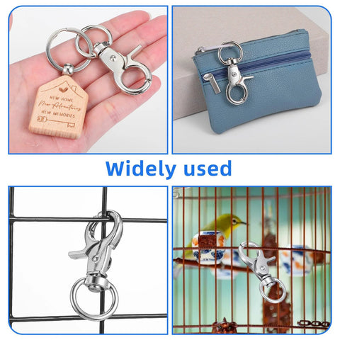 30-pack metal trigger snap hooks, 2.36x0.98 in; front keyring view, side wallet clip, cage install view.