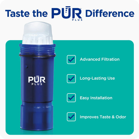 Front view of PUR Plus blue water filter for pitchers & dispensers, 3-pack
