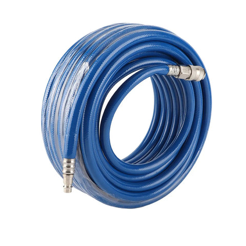 50 Ft PVC Air Hose With Quick Connect Coupler For Air Compressor Heavy Duty Wear Resistant Blue Kink Resistant Hose coiled neatly.