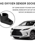 O2 Oxygen Sensor Socket Wrench With Offset Six Point Design For Side Wire Gate Access Three Eighths Inch Drive To Seven Eighths Inch Twenty Two Millimeter displayed beside a car.