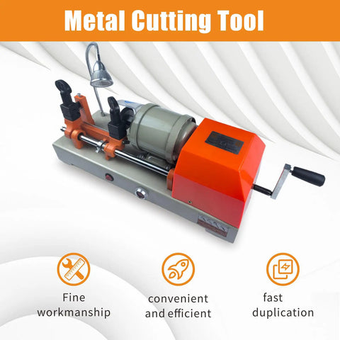 Portable Horizontal Metal Cutting Tool With 110V Power High Precision Slotting Machine, orange and grey unit with manual crank.