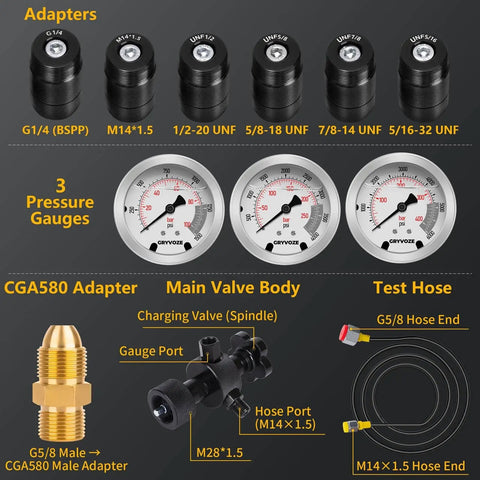 Pro Grade Hydraulic Nitrogen Accumulator Filling Kit With 3 Pressure Gauges And 7 Adapters For Quick Precharge And Refilling shown