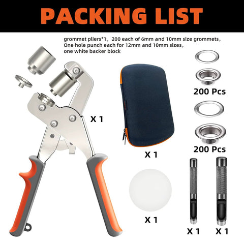 Heavy Duty Grommet Kit For Tarp Repair And Installation with pliers, tool bag, 200 10mm and 12mm grommets, hole puncher, backer block