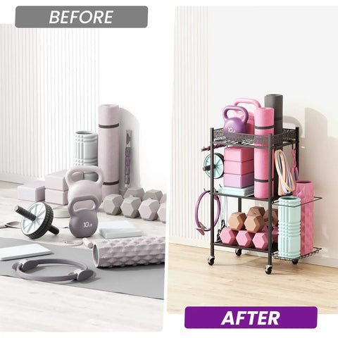 Organize Your Home Gym Like A Legend With This Three Tier Rolling Mat Rack For Yoga Mats Dumbbells And Gear Rolling On Quiet Wheels With Sturdy Hooks To Keep Your Training Space Clutter Free And Always Ready For Legit Workout Days Anyway