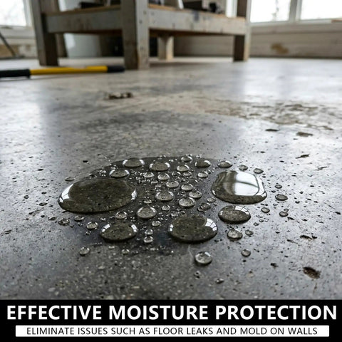 Water droplets on concrete floor demonstrating Rock Solid Waterproofing Powder For Concrete And Mortar Sealer That Slams The Door On Water Infiltration Across Roofs And Basements Featuring Anti Crack Protection And Pro Grade No Sweat Application At 16 Oz Bag.