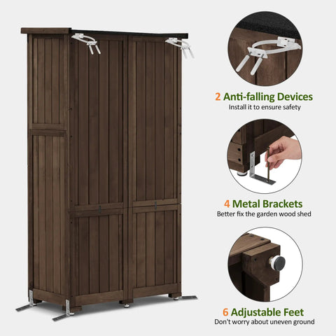 Outdoor Storage Cabinet For Yard And Patio, Tall 63 Inch Wooden Garden Shed With Lockers, vertical view showing hardware details