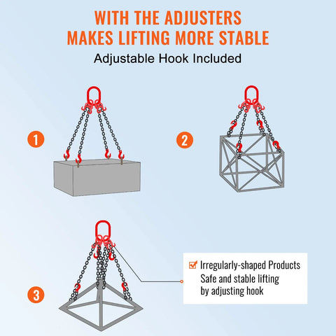 VEVOR chain sling, 5/16 in x 5 ft steel chains with four-leg grab hooks and adjusters for engine hoist lifting