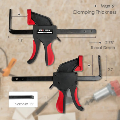 Universal Track Saw Clamp Set With Quick Release For Circular Saw Guide Rails 6 Inch Clamp Thickness shown.