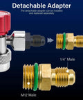 Close-up of R134a Car AC Adapter Fittings with Adjustable Quick Couplers, showing detachable connectors, M12 and 1/4" male ends