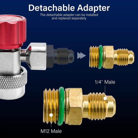Close-up of R134a Car AC Adapter Fittings with Adjustable Quick Couplers, showing detachable connectors, M12 and 1/4" male ends