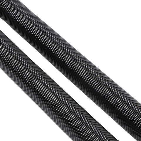 Upgrade Your Garage Door With This Tough Blaihild Torsion Spring Kit, Includes Two Heavy Duty Steel Rods And Safety Gloves For Easy DIY Repair Fixing Loose Doors Fast No Pros Needed. Two black steel garage door torsion springs, close-up on white