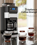 Fresh Ground Bean To Cup Drip Coffee Maker With Built In Auto Grinder Programmable Grind And Brew 24 Hour Timer showing coffee strength options.