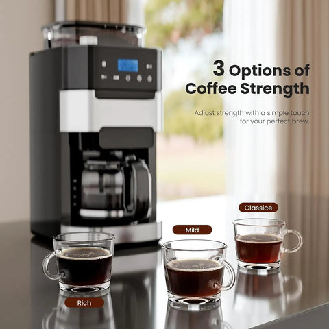 Fresh Ground Bean To Cup Drip Coffee Maker With Built In Auto Grinder Programmable Grind And Brew 24 Hour Timer showing coffee strength options.