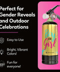 Pink Gender Reveal Smoke Cannon Party Prop Powder Spray Can For Outdoor Parties And Baby Showers on a vibrant background.