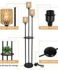Boho Floor Lamp With Shelves And Three Lights, Farmhouse Tall Rustic Standing Lamp With Rattan Shades, On Off Switch details