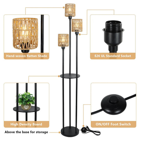 Boho Floor Lamp With Shelves And Three Lights, Farmhouse Tall Rustic Standing Lamp With Rattan Shades, On Off Switch details