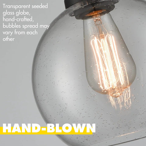Close-up of Farmhouse Black Globe Pendant Light With Hand Blown Seeded Glass And Easy Access Open Bottom 8 Inch Globe Adjustable Height