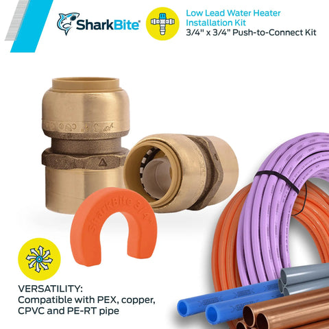 Three Quarter Inch Water Heater Connection Kit With Push To Connect Brass Fittings For PEX Copper CPVC PERT HDPE Pipes Includes Two Female Connectors And A Disconnection Clip For Tight Spaces
