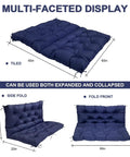 Multi-faceted display of dark blue Porch Swing Cushion Set for Outdoor 2 to 3 Seater Benches with foldable options shown.