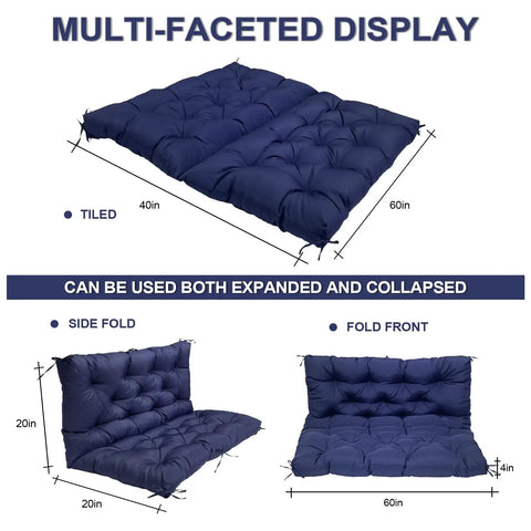 Multi-faceted display of dark blue Porch Swing Cushion Set for Outdoor 2 to 3 Seater Benches with foldable options shown.