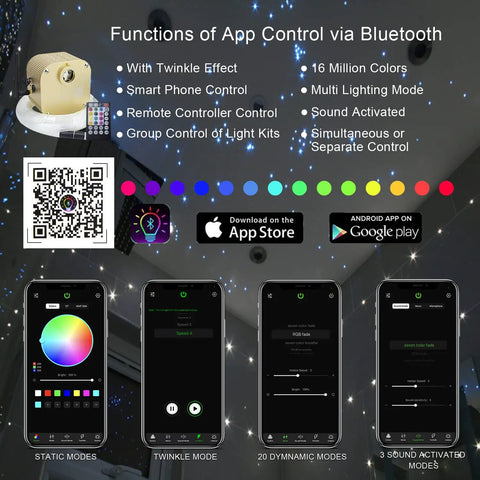 Infographic showing app control features for 16W RGBW Twinkle Fiber Optic Lights With App Control, 430pcs fibers over 9.8ft.
