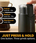 Elite Gourmet ECG914 Electric Coffee And Spice Grinder Heavy Duty Stainless Steel Blade One Touch Operation Black Compact Design close-up of grinding options.