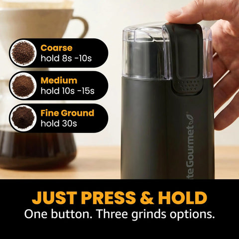 Elite Gourmet ECG914 Electric Coffee And Spice Grinder Heavy Duty Stainless Steel Blade One Touch Operation Black Compact Design close-up of grinding options.