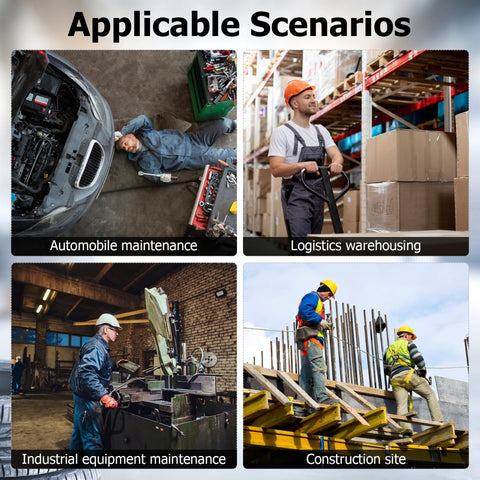 Collage showing scenarios: automobile repair, warehouse logistics, industrial maintenance, and construction workers.
