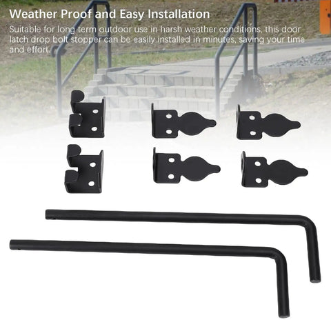 Heavy Duty Cane Drop Bolt for Wooden Gates, Vertical or Horizontal Mount, Weatherproof Steel Gate Drop Rod, Durable Outdoor Fence Locking Hardware For Commercial And Residential Gates, Rustproof, Easy Install, Locking For Outdoor Fences, black steel parts and rods
