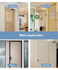 Heavy Duty Soft Close Damper Hinge For Barn Doors Smooth Operator shown in various door settings: entrance, children's room, office, fire exit.
