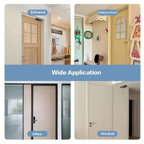 Heavy Duty Soft Close Damper Hinge For Barn Doors Smooth Operator shown in various door settings: entrance, children's room, office, fire exit.