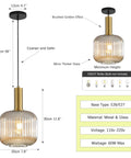 Modern Farmhouse Striped Glass Pendant Light For Kitchen Island And Dining Room, Green Ceiling Fixture With Gold Socket, E26 Base