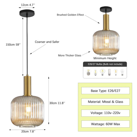 Modern Farmhouse Striped Glass Pendant Light For Kitchen Island And Dining Room, Green Ceiling Fixture With Gold Socket, E26 Base