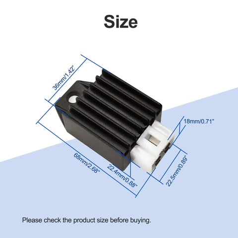 12V 4 Pin Drop In Ready Voltage Regulator Rectifier Replacement For 50cc To 125cc ATVs, showing size dimensions and 4-pin connector