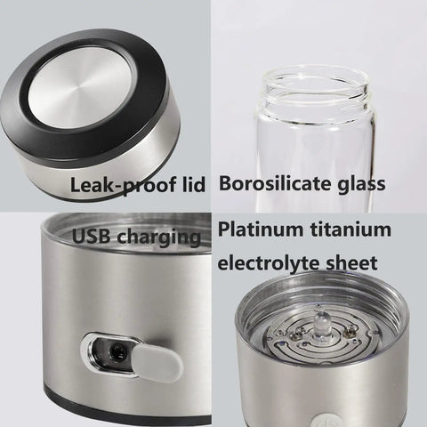 Portable 3 In 1 Hydrogen Water Ionizer Bottle with Leak-Proof Lid, Borosilicate Glass, USB Charging, Platinum Titanium Sheet