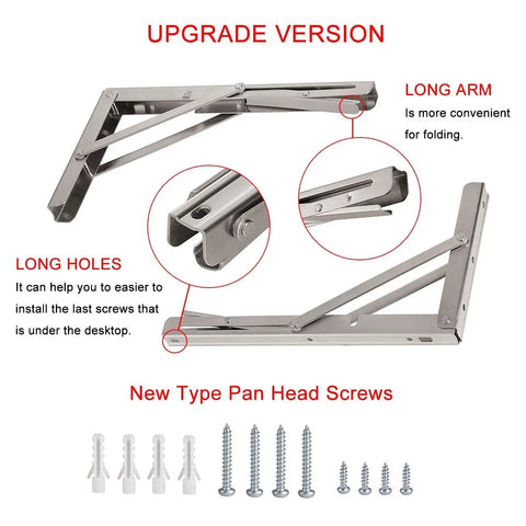 Heavy Duty Folding Shelf Brackets Stainless Steel Collapsible Set Supports Up To 330 Lb Per Pair with screws and features displayed