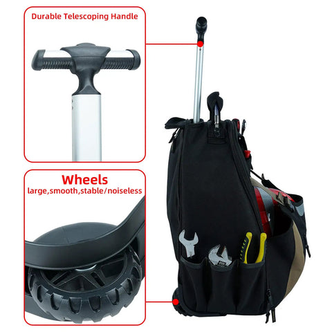 Rugged Rolling Tool Backpack With Wheels 26 Pocket Organizer For Electricians Carpenters HVAC And Welders Built To Last In Durable 600D Polyester with telescoping handle and wheels.