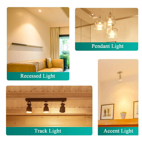 Various lighting options including recessed, pendant, track, and accent lights in home settings.