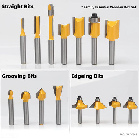 15 Pcs Router Bit Set With 1 Quarter Inch Shank High Carbide Router Bits Kit In Sturdy Wooden Box for woodworking projects.