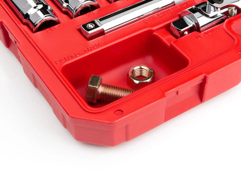 Close-up of red case holding Three Fourths Inch Drive Six Point Socket And Ratchet Set, includes various sockets and tools.