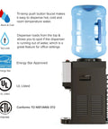Limited Edition Top Loading Countertop Water Cooler Dispenser With On Demand Hot Cold And Room Temperature Water Tri Temp UL And Energy Star Approved Stainless Steel Reservoirs Kid Safe Lock with water bottle on top.