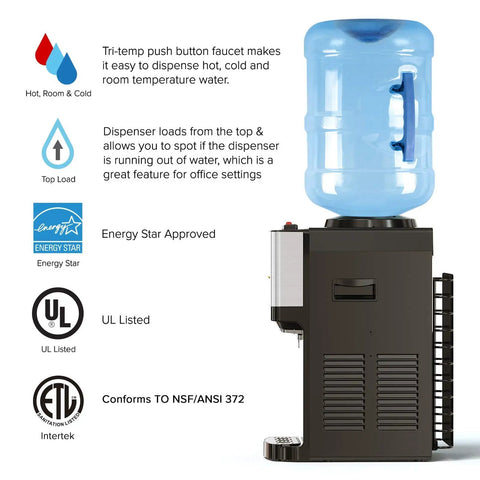 Limited Edition Top Loading Countertop Water Cooler Dispenser With On Demand Hot Cold And Room Temperature Water Tri Temp UL And Energy Star Approved Stainless Steel Reservoirs Kid Safe Lock with water bottle on top.