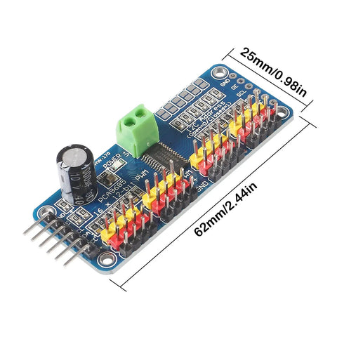 Top view of Four Pack PCA9685 16 Channel 12 Bit PWM Servo Driver Board for I2C Interface with dimensions 62mm by 25mm