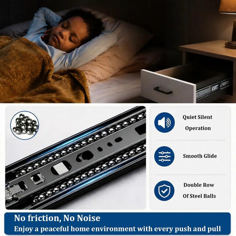 Sleeping child near drawer with Black Side Mount Drawer Slides 3-Section Full Extension Silent Ball Bearing for quiet operation