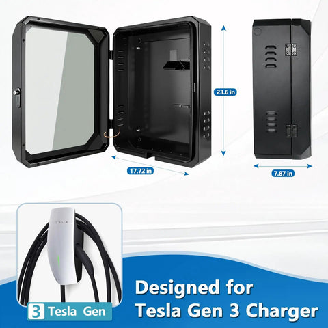 Outdoor Charger Station Cover Box For Tesla Gen 3 Wall Connector And Electric Vehicle Charge Point Weatherproof Cold Rolled Steel Enclosure with open view.