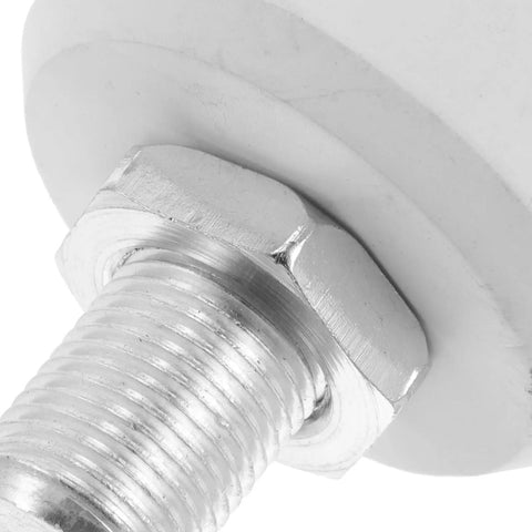 Close-up of white roller skate toe stopper showing adjustable brake block and metal thread, part of quad skate replacement.