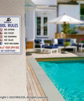Two Pack Outdoor Pool Rules Signs 14x10 Inches Durable Aluminum Weatherproof And UV Protected Easy Mount For Pool Safety No Diving Watch Your Children Swim At Your Own Risk For Fences Or Decks displayed on wall near pool