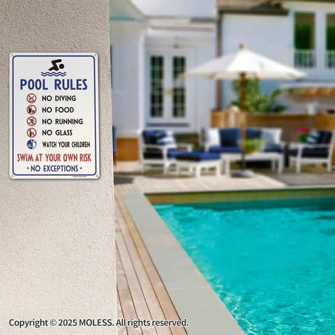 Two Pack Outdoor Pool Rules Signs 14x10 Inches Durable Aluminum Weatherproof And UV Protected Easy Mount For Pool Safety No Diving Watch Your Children Swim At Your Own Risk For Fences Or Decks displayed on wall near pool